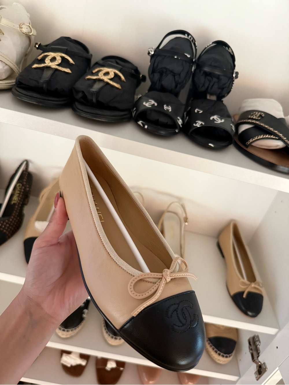 CHANEL Beige and Black Leather Cap-Toe Ballet Flat